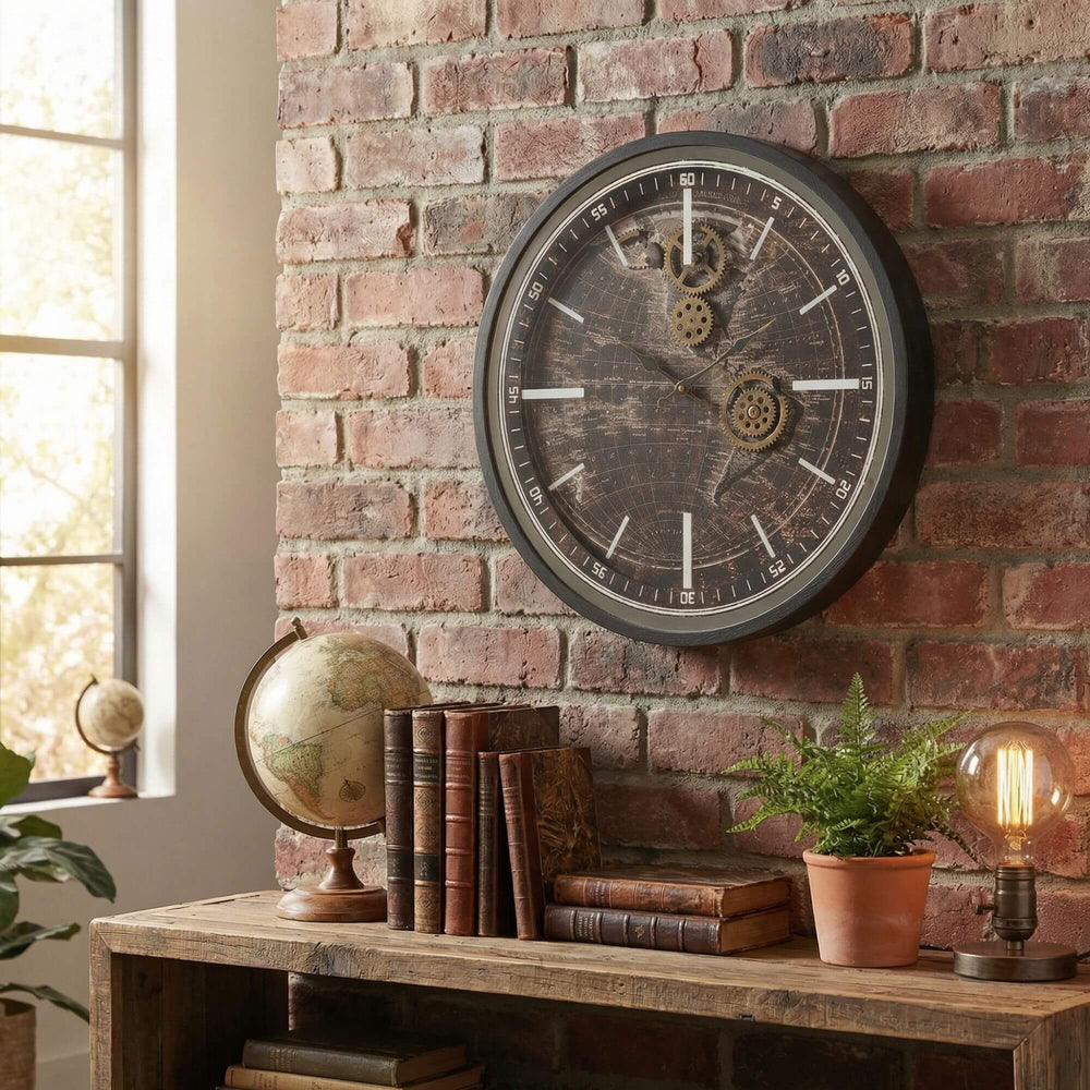 Styled industrial interior featuring the Chronos Map clock mounted on a brick wall above a console.