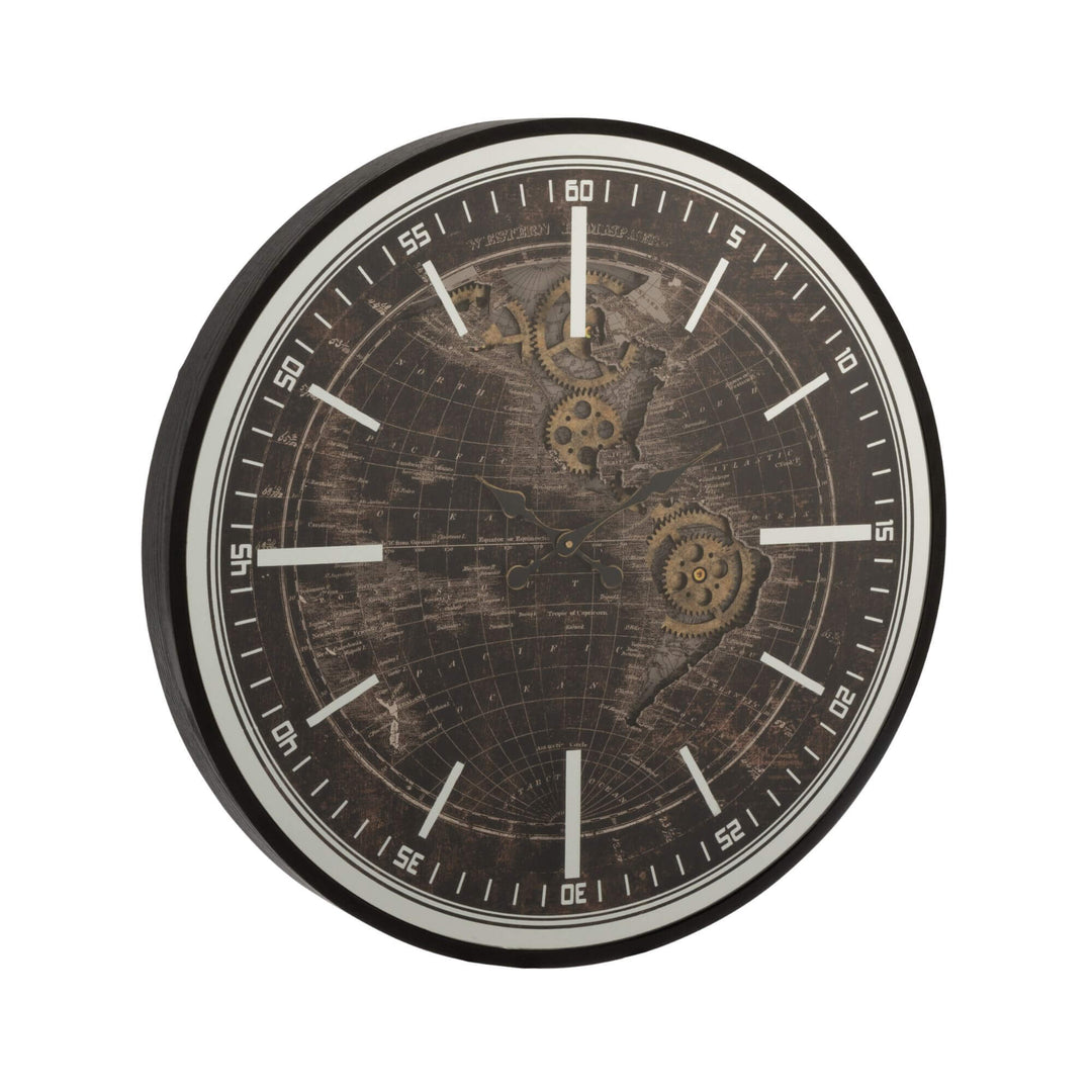 Front view of the large Chronos Map wall clock featuring a vintage world map dial and decorative gears.