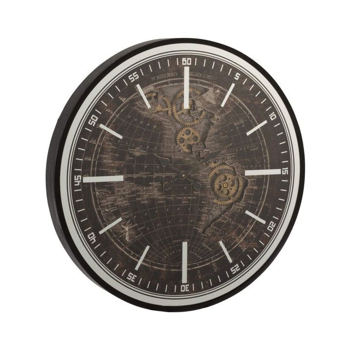 Front view of the large Chronos Map wall clock featuring a vintage world map dial and decorative gears.