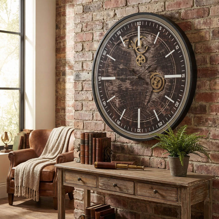 Styled industrial interior showing the Chronos Map clock mounted above a wooden console against a brick wall.