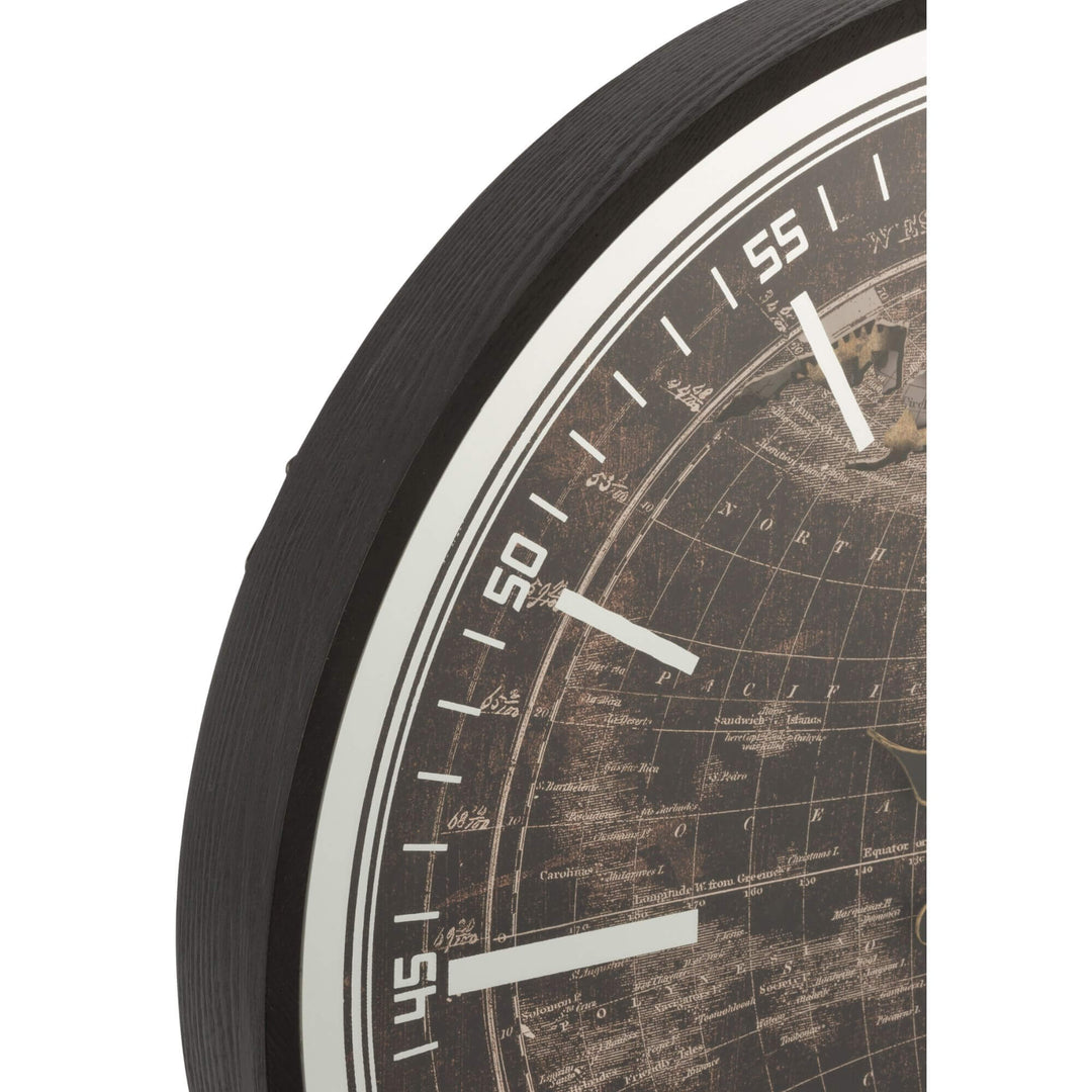 Close-up detail of the clock frame and world map dial highlighting the vintage cartography design.