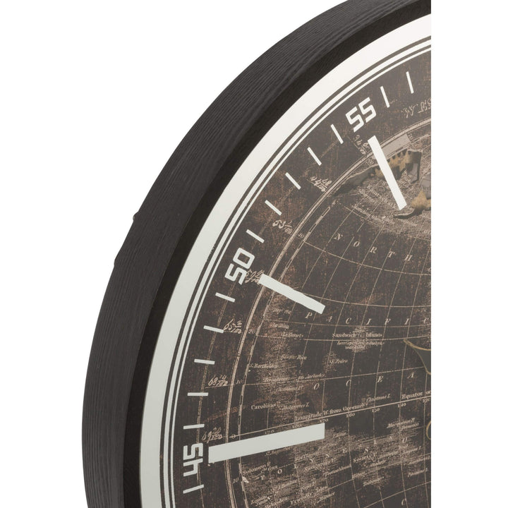 Close-up detail of the clock frame and world map dial highlighting the vintage cartography design.
