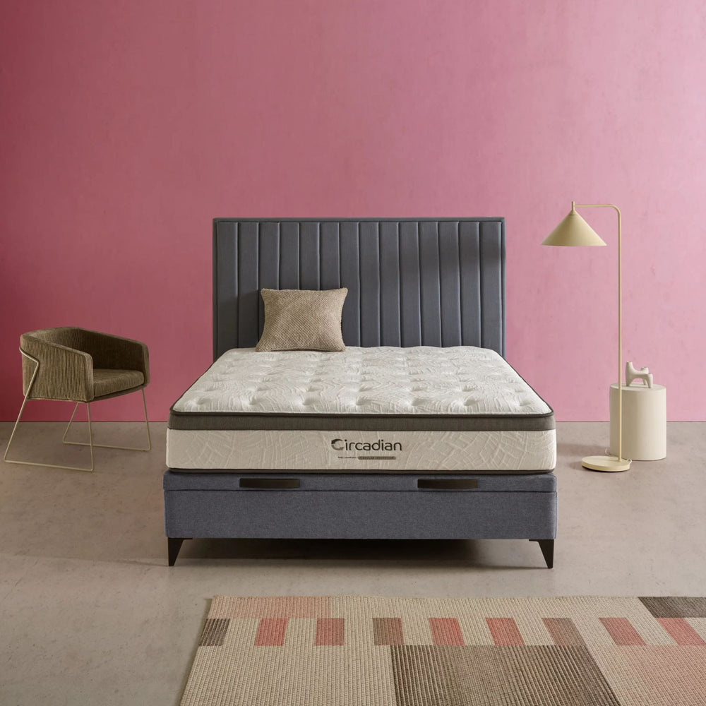 Styled bedroom setting featuring the Circadian Mattress on a modern upholstered base.