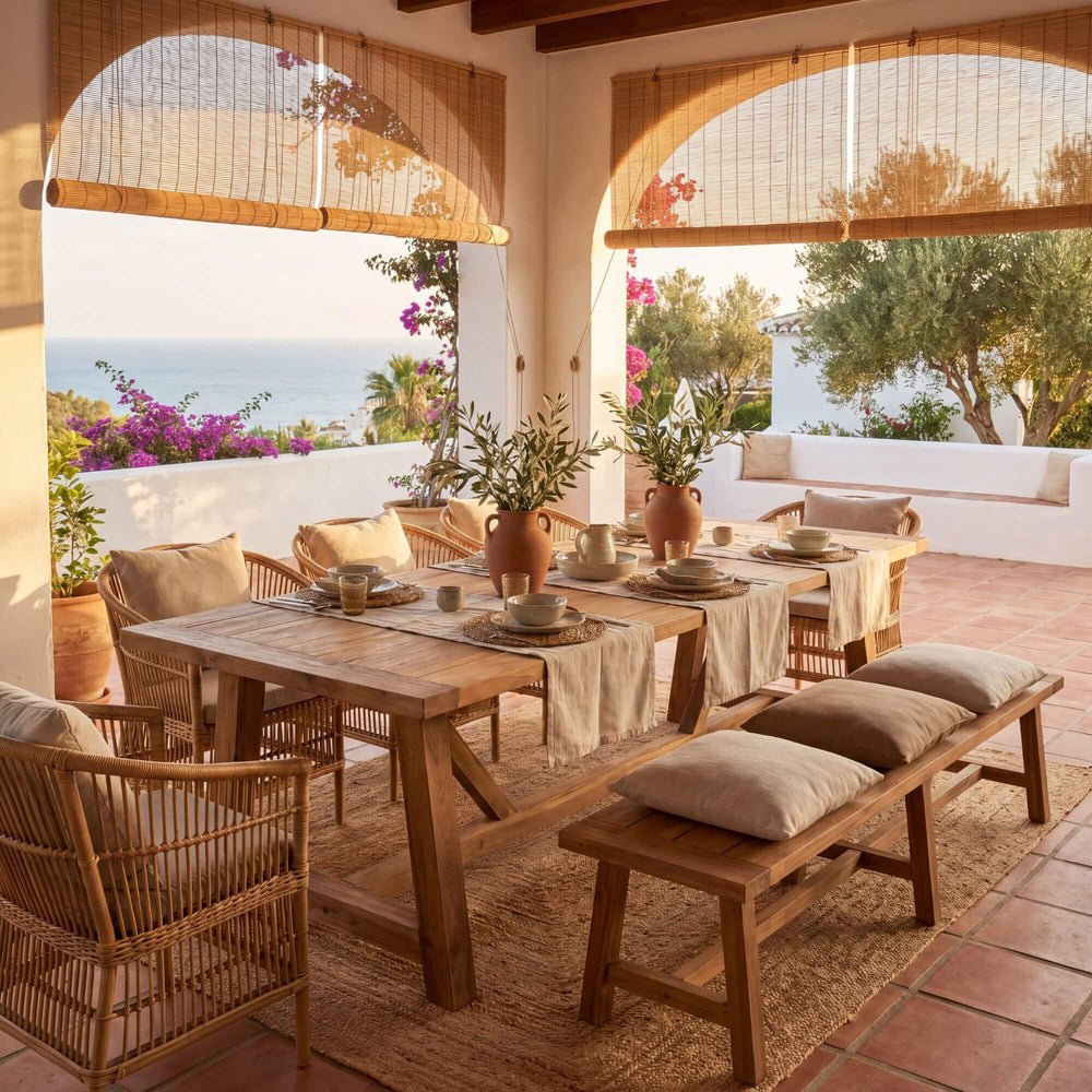 Styled dining setting featuring the Classic teak table in a warm Mediterranean-inspired space.