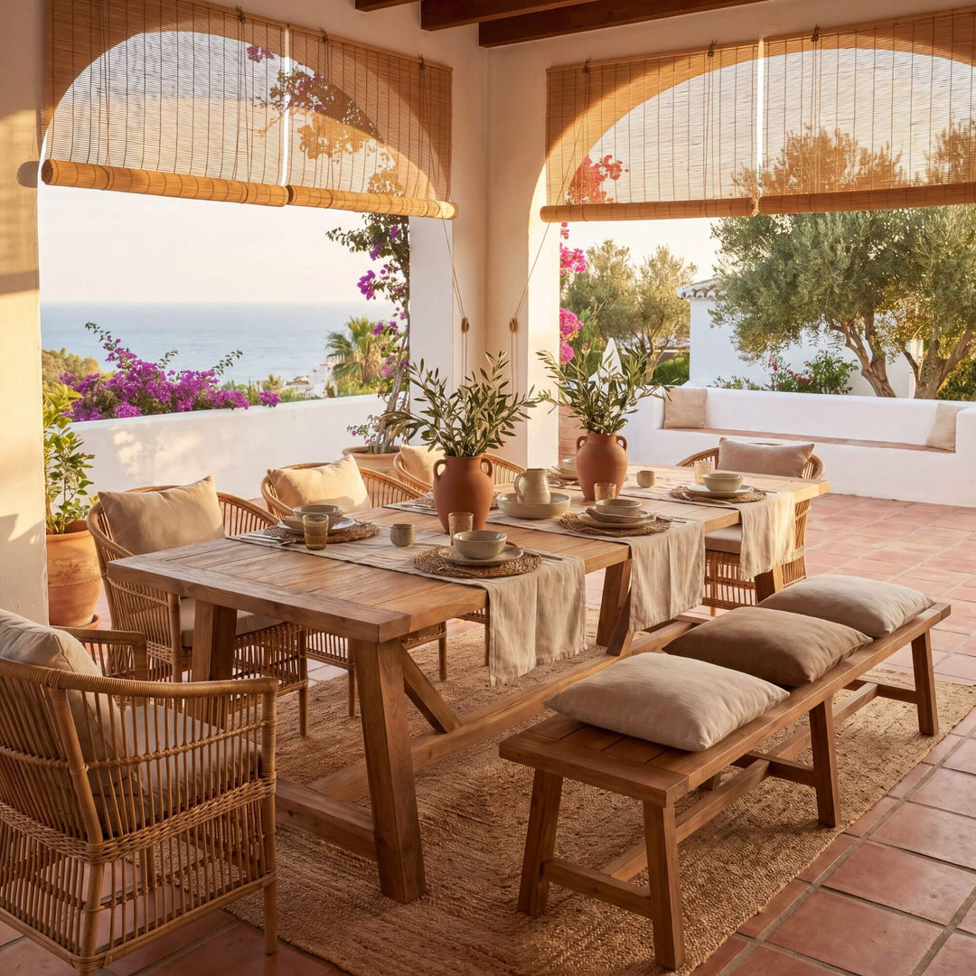 Styled dining setting featuring the Classic teak table in a warm Mediterranean-inspired space.