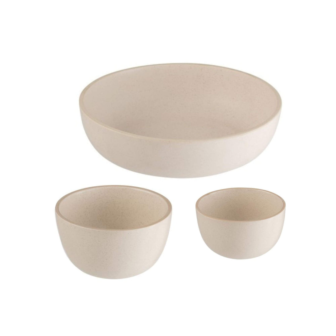 Front view of Claudia set of ceramic bowls in natural beige with smooth rounded shape
