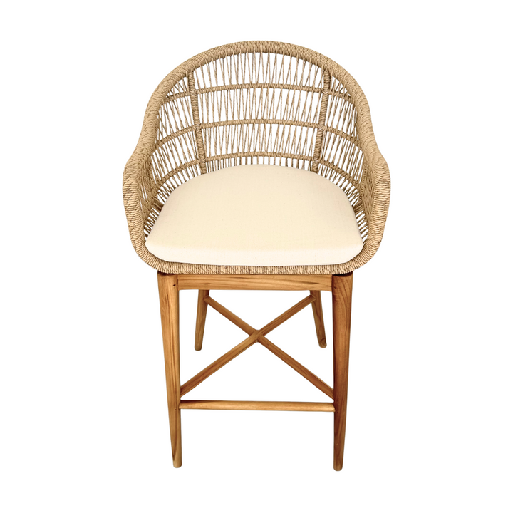 Coco Kitchen Stool in teak and synthetic rattan, 100 cm height with curved backrest