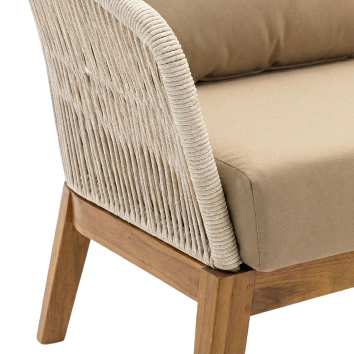 Close-up of the rope weave and teak wood structure of the COCO One Seater Sofa.