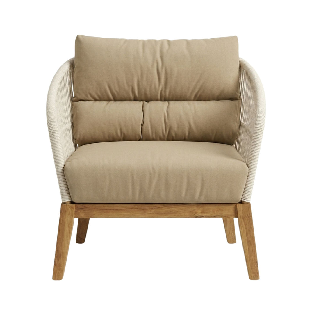 Front view of the COCO One Seater Sofa with teak wood frame and woven rope sides.