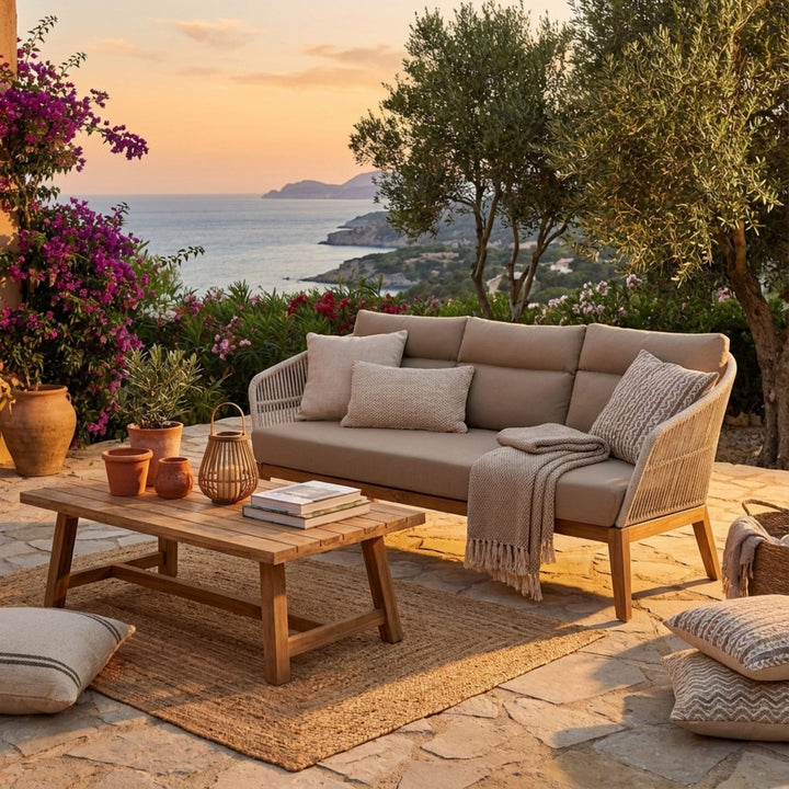 Front view of the Coco three seater sofa with teak wood frame, woven rope sides, and neutral outdoor cushions.