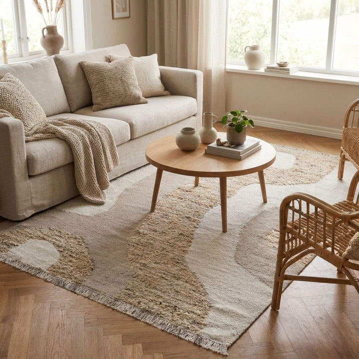 Styled living room scene showcasing the Colsea Rug as a soft, modern floor accent.