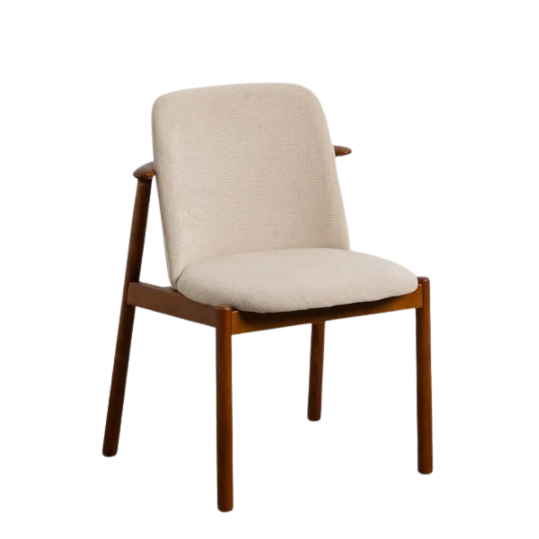 Conakri dining chair front view with oak wood frame and beige fabric upholstery.