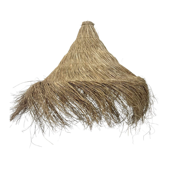 Side view of large natural fiber cone-shaped ceiling lamp.