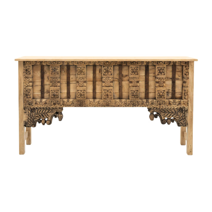 Front view of the White Briss Collection console table in natural carved sheesham wood.