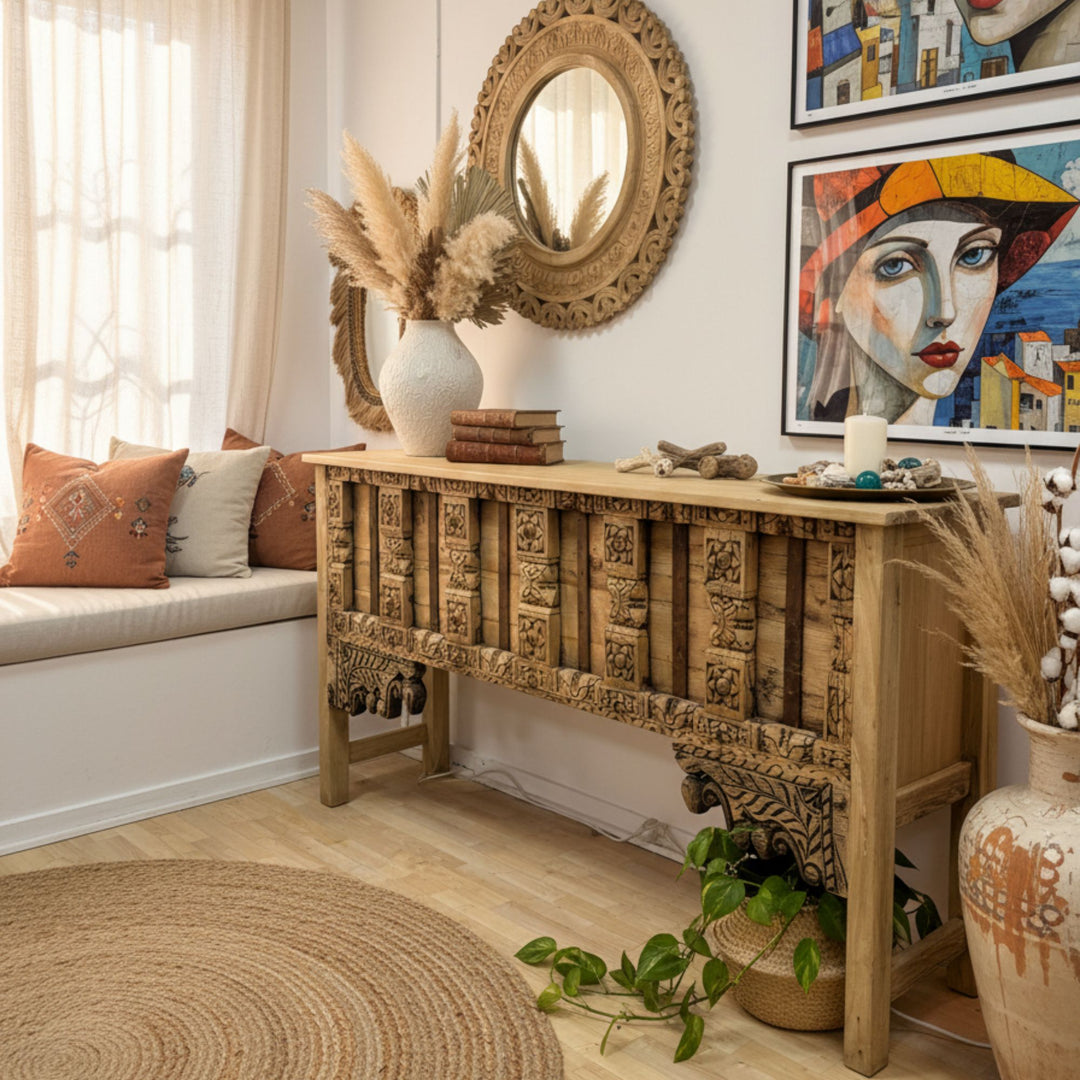 Interior setting featuring the console table styled with decor and artwork.