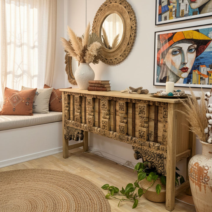 Interior setting featuring the console table styled with decor and artwork.