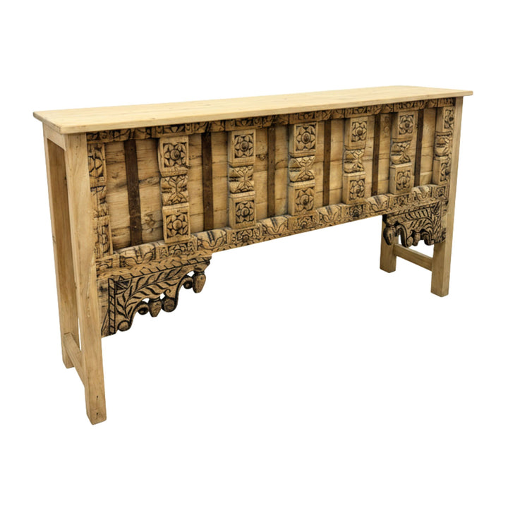 Side angle of the hand-carved sheesham wood console table.