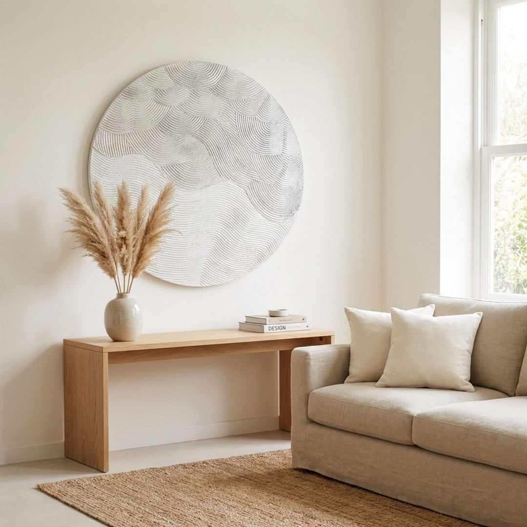 Styled living room interior with the Contour painting displayed above a console table.