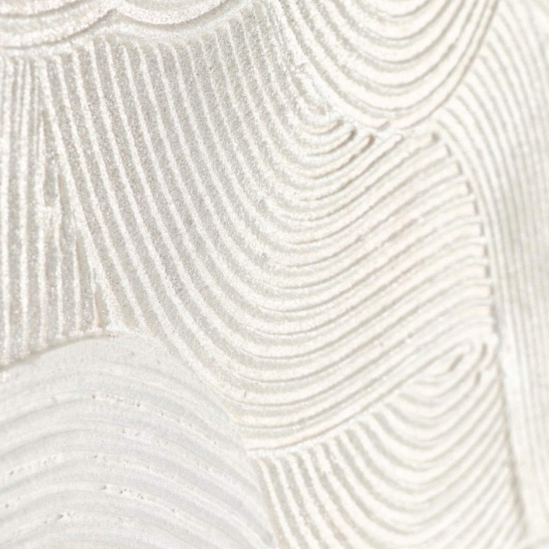 Close-up detail highlighting the flowing carved lines on the linen canvas surface.