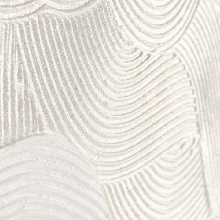 Close-up detail highlighting the flowing carved lines on the linen canvas surface.
