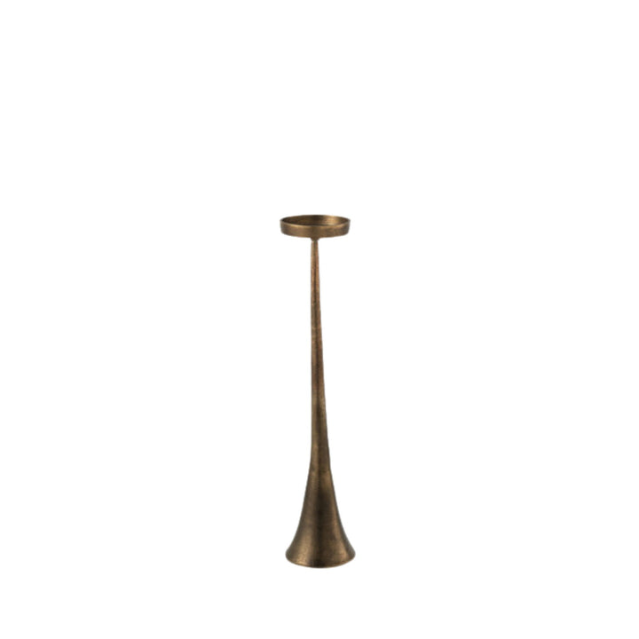 Front view of small Copper Candle Stand highlighting its elongated form and sculptural base.