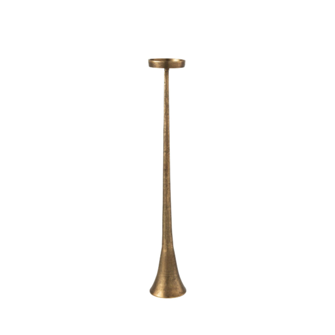 Front view of tall Copper Candle Stand highlighting its elongated form and sculptural base.