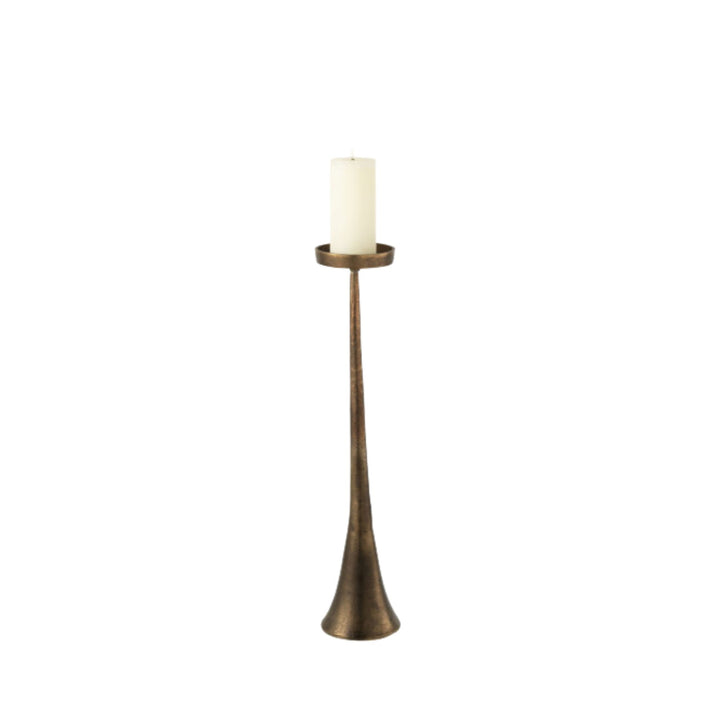 Front view of small Copper Candle Stand highlighting its elongated form and sculptural base.