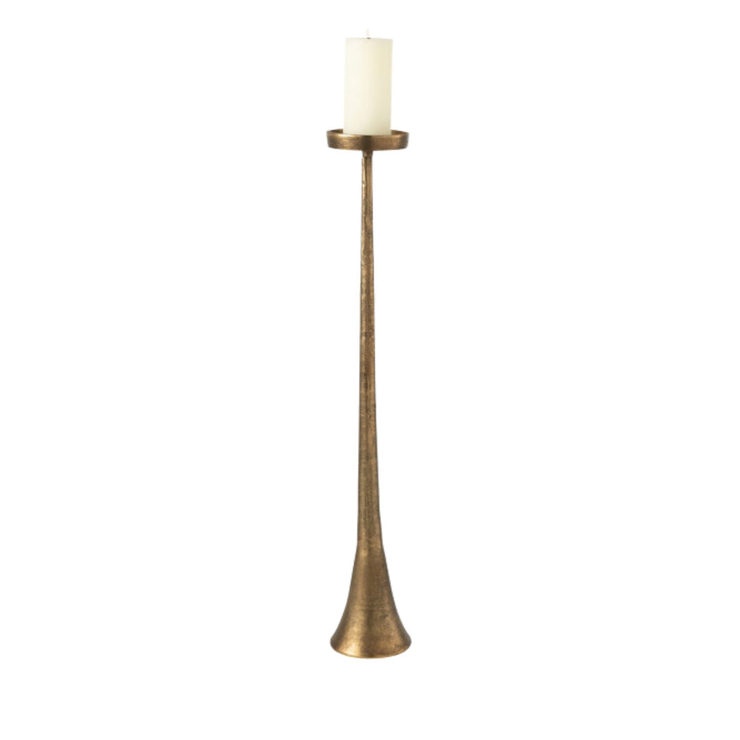 Front view of tall Copper Candle Stand highlighting its elongated form and sculptural base.
