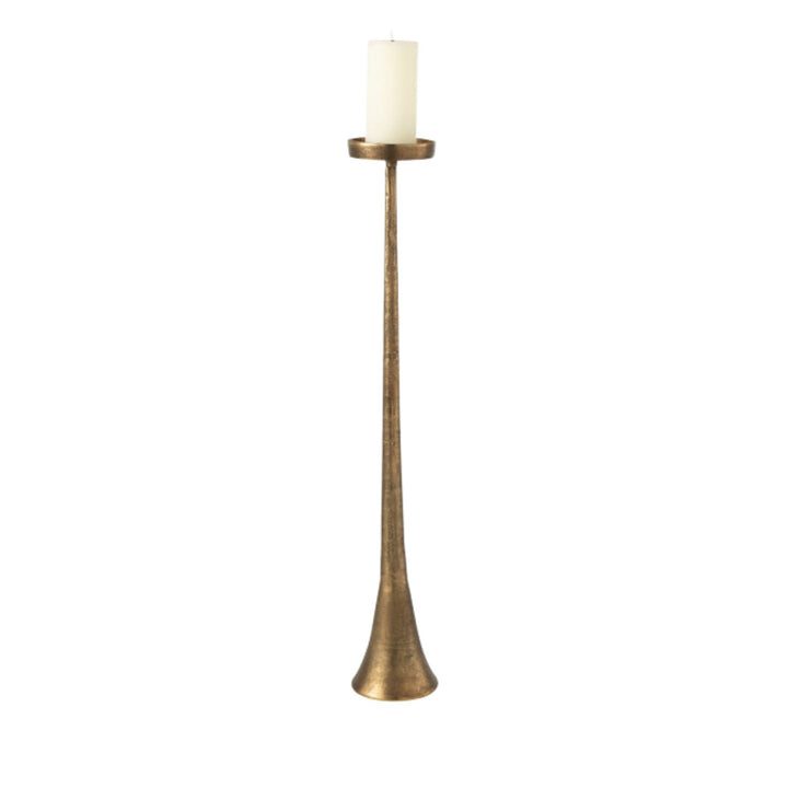 Front view of tall Copper Candle Stand highlighting its elongated form and sculptural base.
