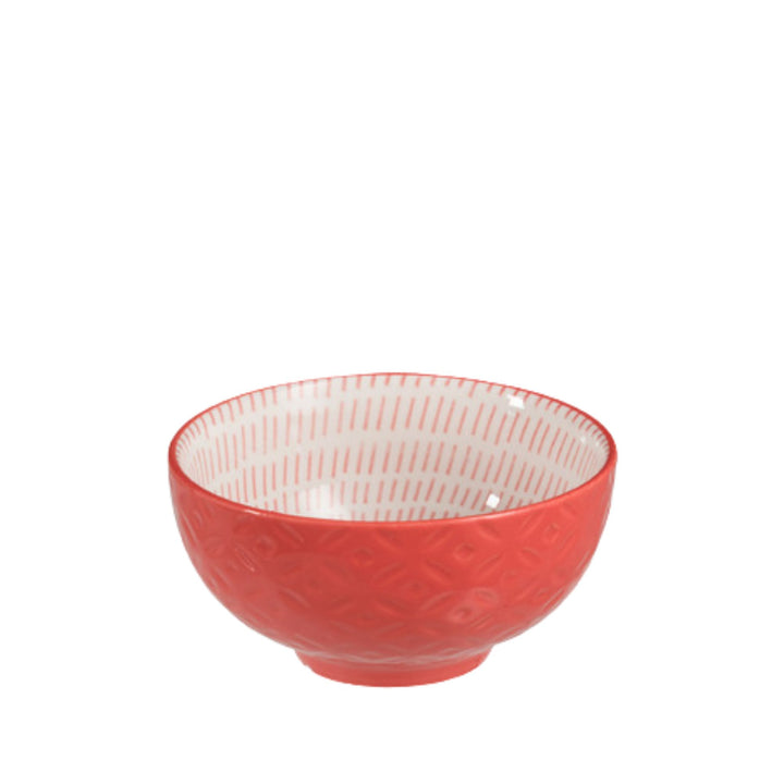Front view of the Coral porcelain bowl with white exterior and coral patterned interior.
