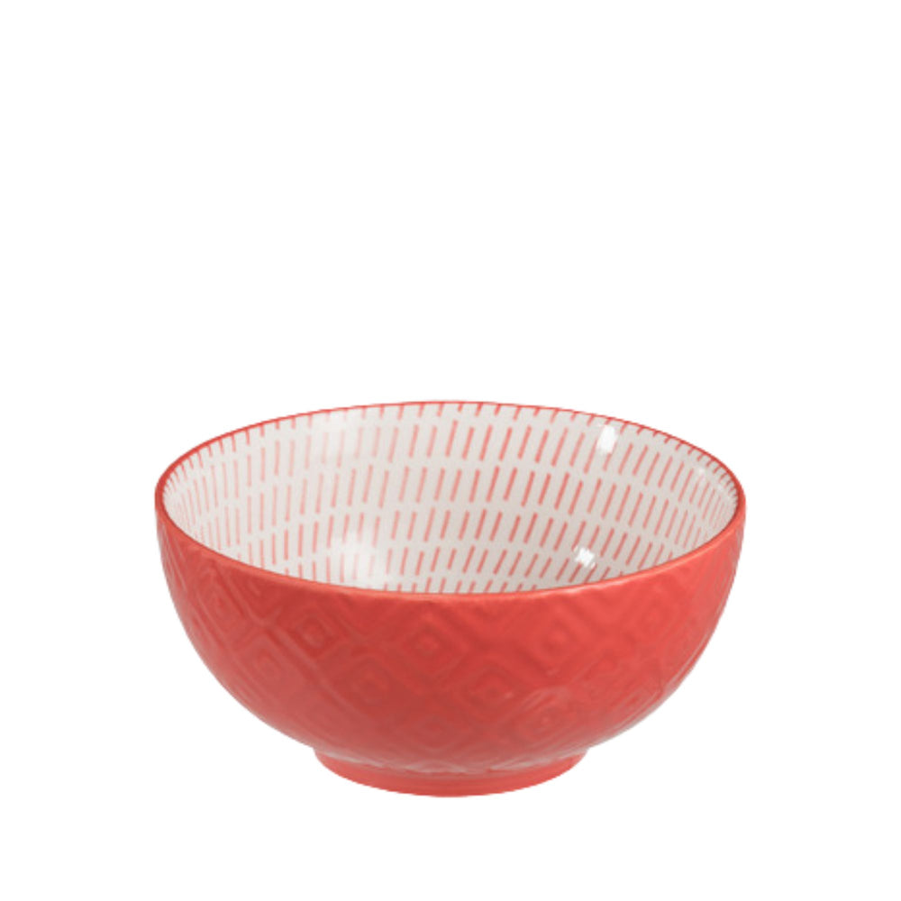 Front view of the Coral porcelain bowl with white exterior and coral patterned interior.