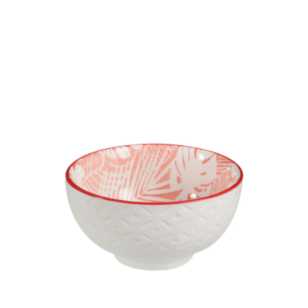 Front view of the Coral porcelain bowl with white exterior and coral patterned interior.