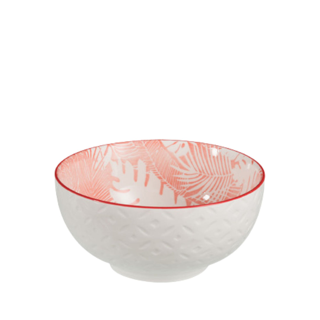 Front view of the Coral porcelain bowl with white exterior and coral patterned interior.