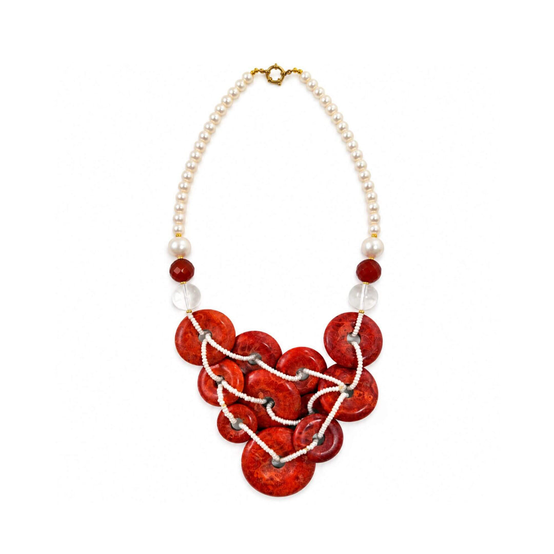 Front view of the Coral Ember Necklace with sponge coral, pearls, carnelian agate and rock crystal