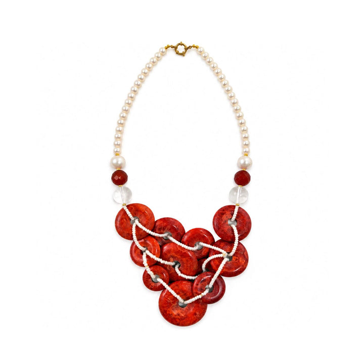 Front view of the Coral Ember Necklace with sponge coral, pearls, carnelian agate and rock crystal