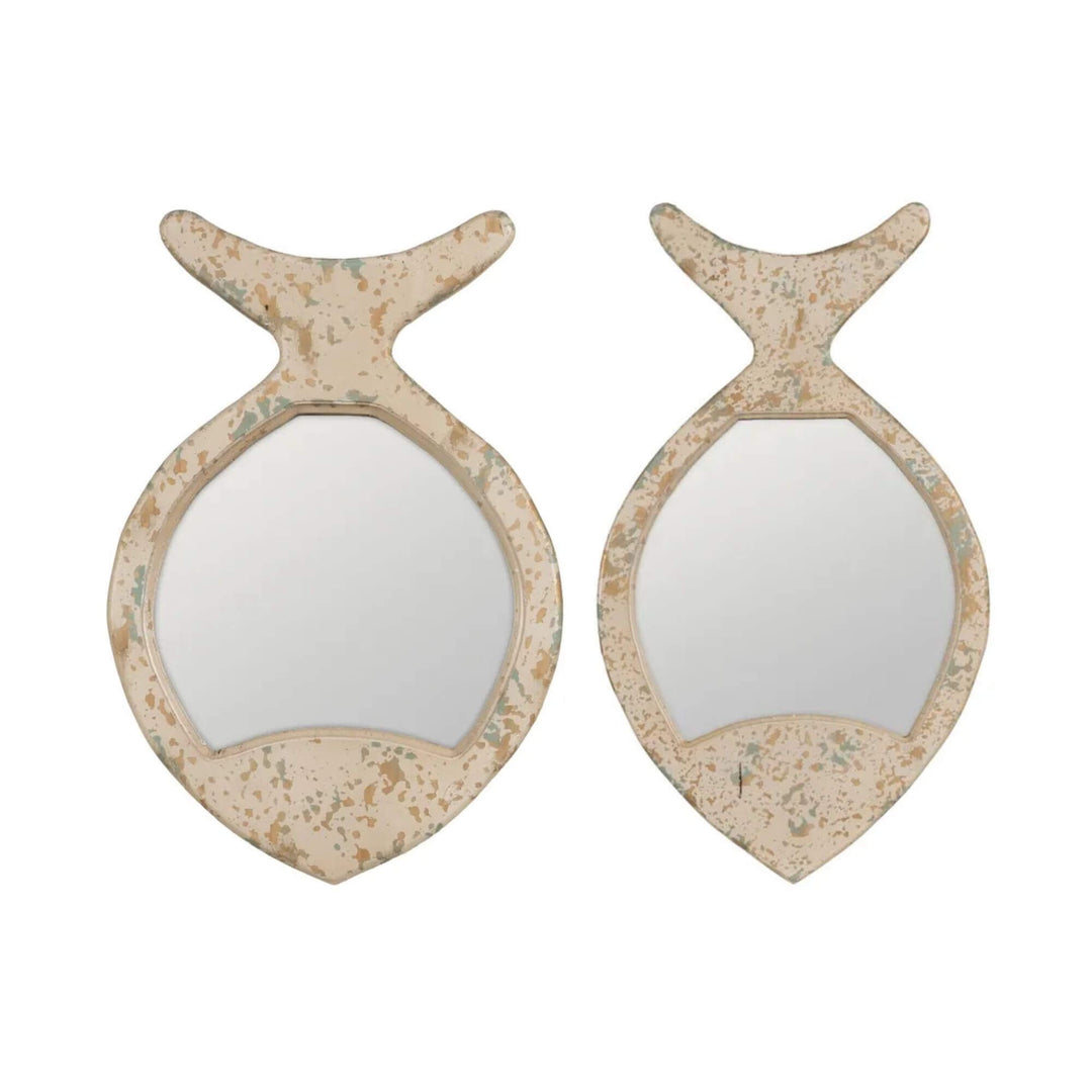 Front view of Coral Fish Mirror B showing fish-shaped frame in reclaimed wood in both sizes.