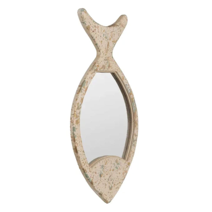 Side view of Coral Fish Mirror B highlighting slim profile and distressed finish