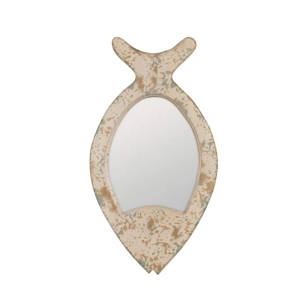 Front view of Coral Fish Mirror C with elongated fish-shaped frame in reclaimed wood