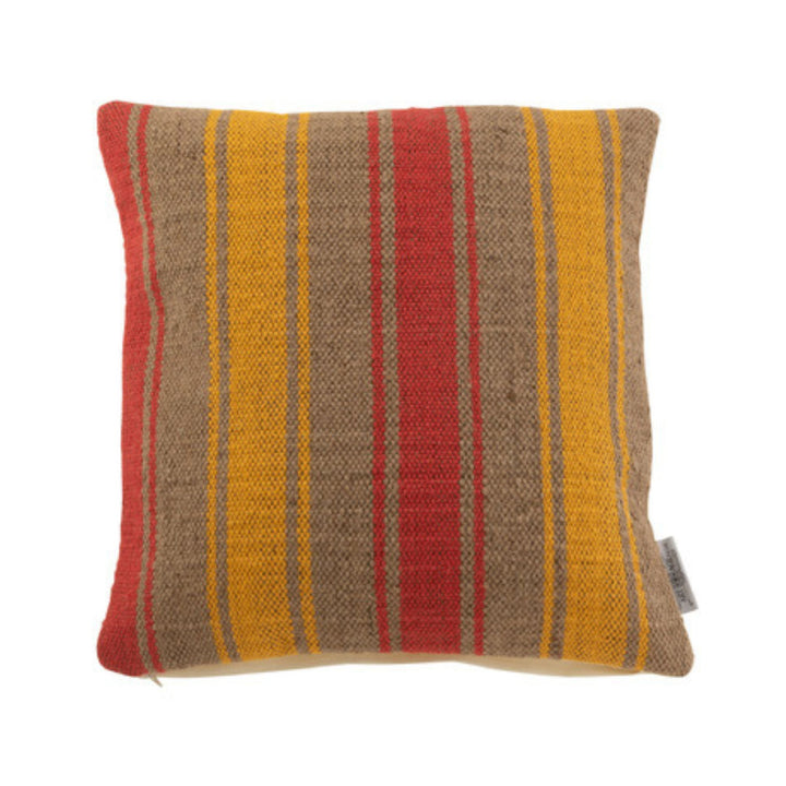 Front view of Coral jute cushion with striped cotton and jute texture in warm earthy tones  