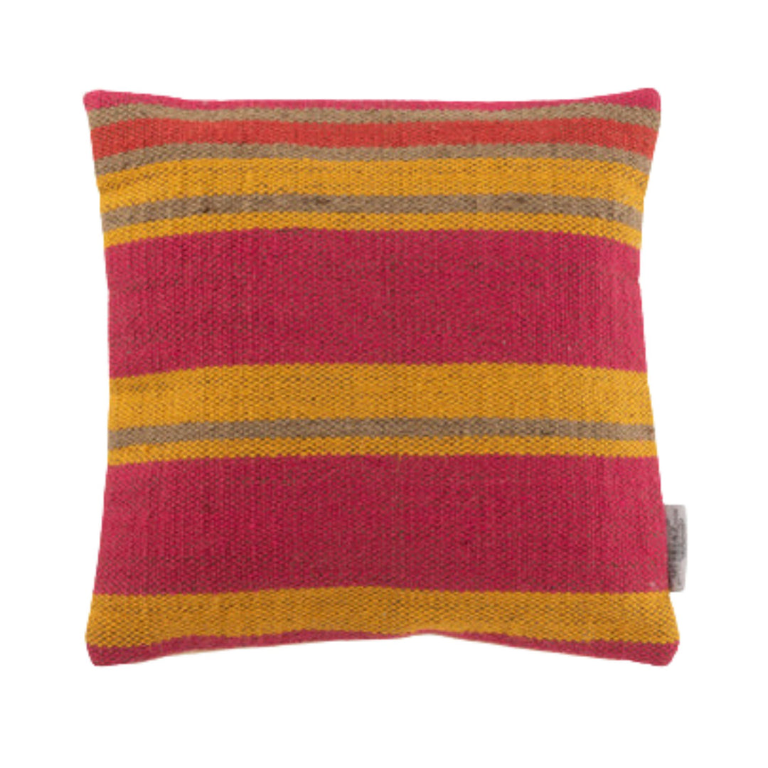 Front view of Coral jute cushion with coral and mustard striped jute pattern