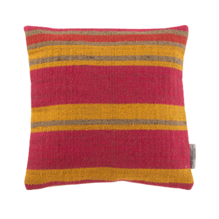 Front view of Coral jute cushion with coral and mustard striped jute pattern