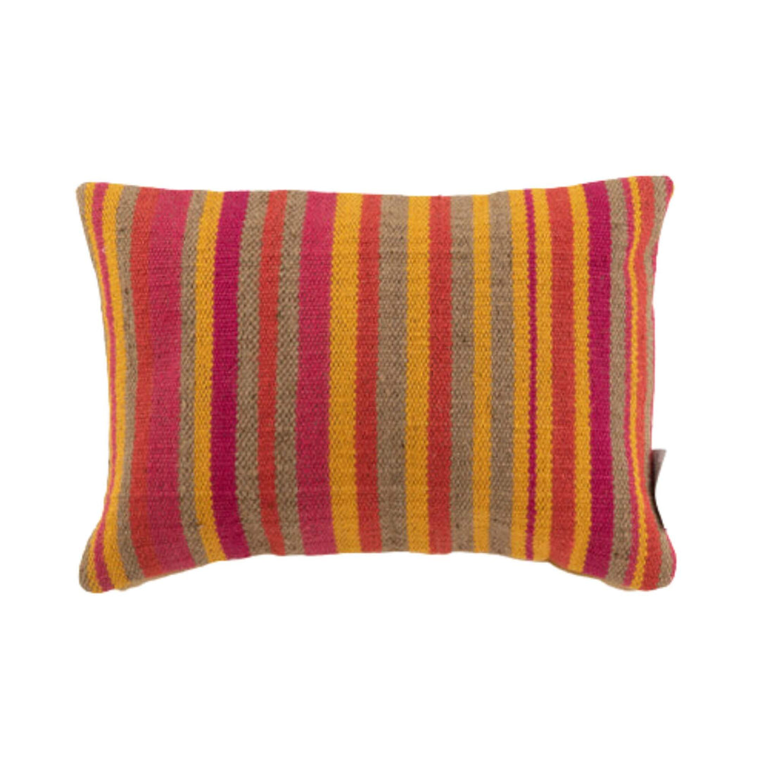 Front view of Coral jute cushion highlighting natural jute texture and coral tones