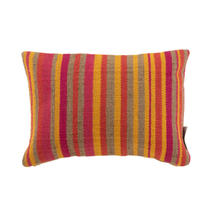 Front view of Coral jute cushion highlighting natural jute texture and coral tones