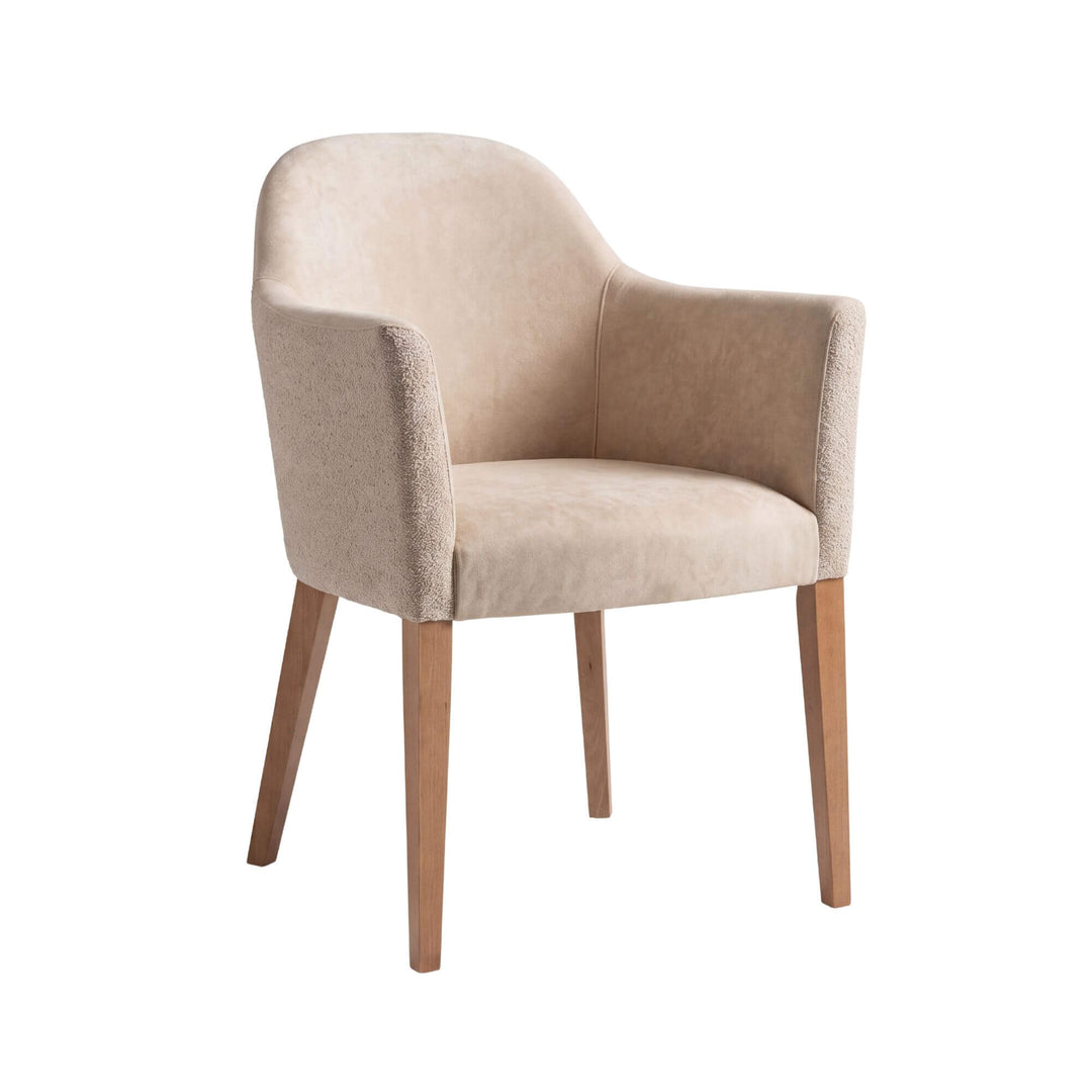 Front angled view of the Cord Gracia armchair with soft beige upholstery and natural beech wood legs