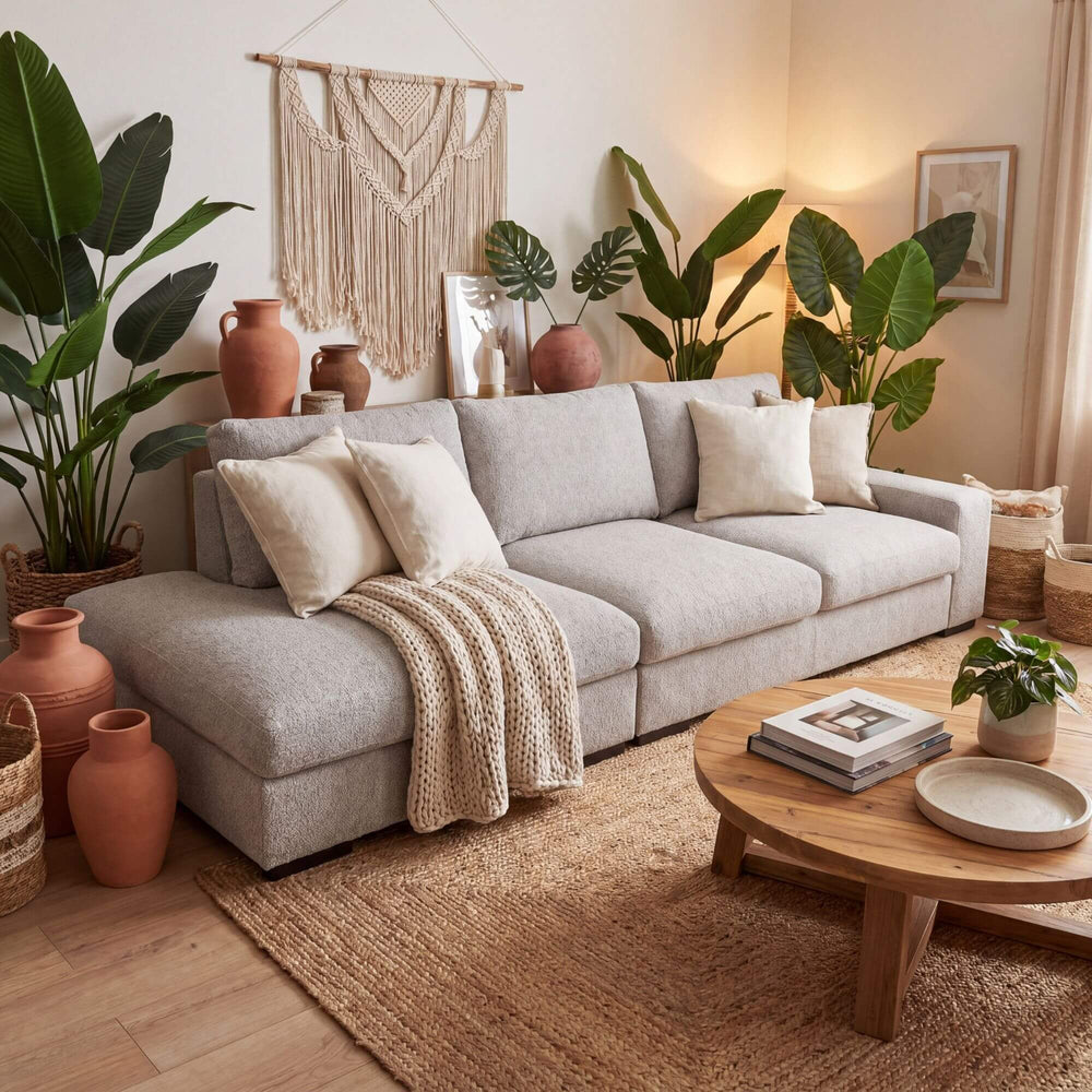 Styled living room setting featuring the Corfu sofa in a warm natural interior with Mediterranean accents.