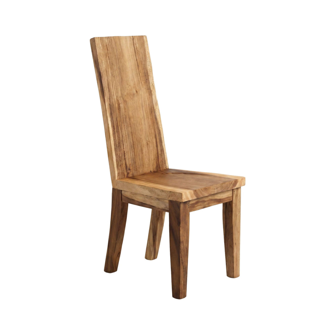 Front view of the Corfu suar wood dining chair showing its solid wood structure and tall backrest.