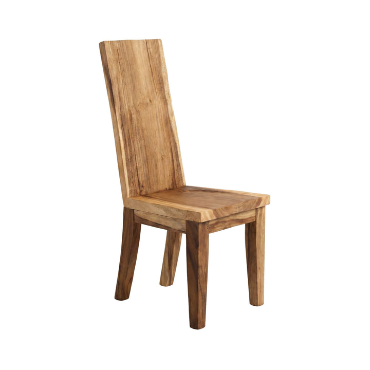 Front view of the Corfu suar wood dining chair showing its solid wood structure and tall backrest.