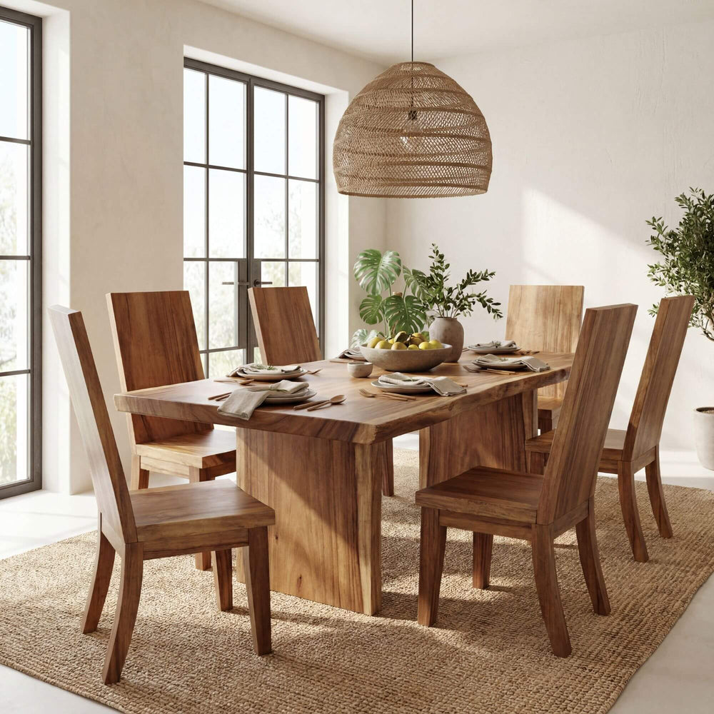 Styled dining room setting featuring Corfu suar wood chairs around a matching wooden table.