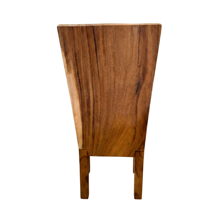 Rear view of the dining chair highlighting its sculptural backrest and solid wood frame.