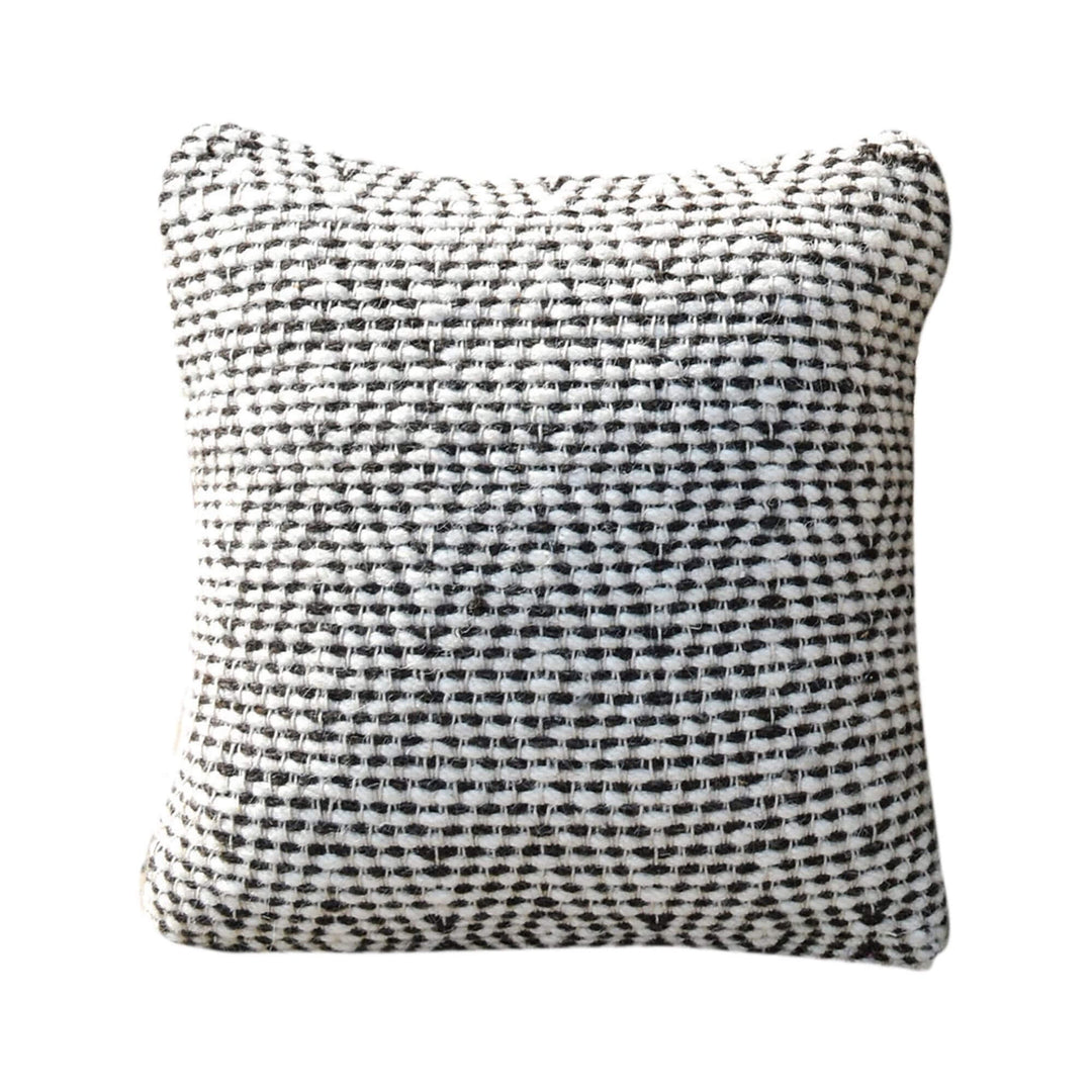 Front view of Coromandel cushion in ivory and charcoal with textured wool weave